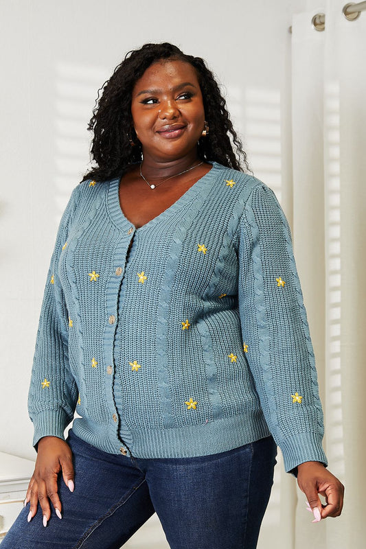 HEYSON Full Size Floral Embroidered Cable Cardigan b87214c402be4601b61c37fba5404566-Max