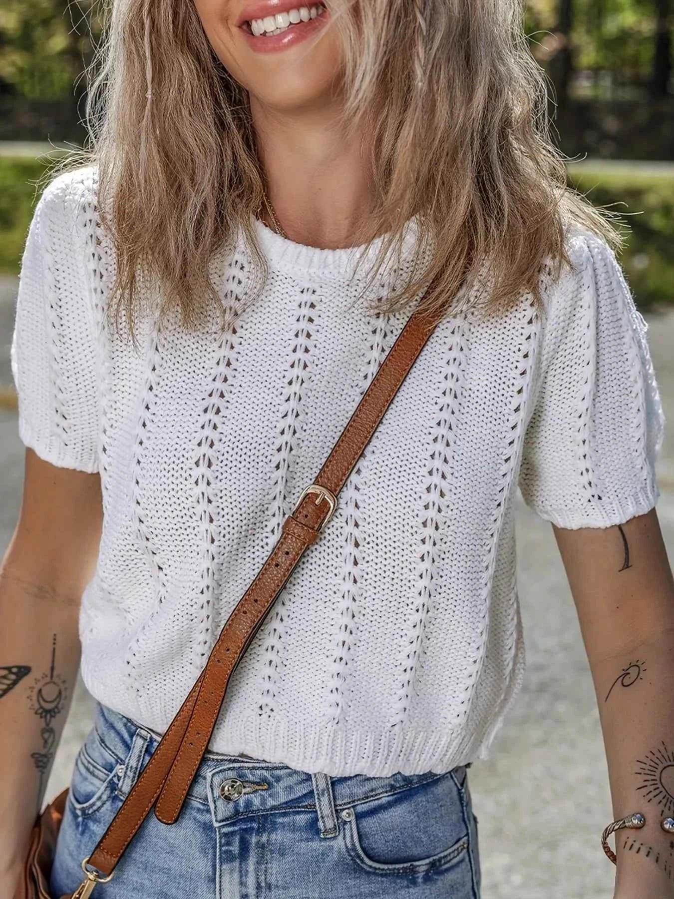 Openwork Round Neck Short Sleeve Sweater b87921a5162e4c6382683f0b906ff30f-Max-Origin