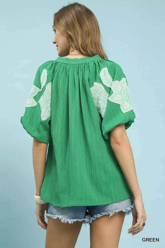 Embroidered Balloon Sleeve Notch Neck Blouse b87a5f74-ebd8-4c7e-b8af-323be0c31f60-Max-Origin