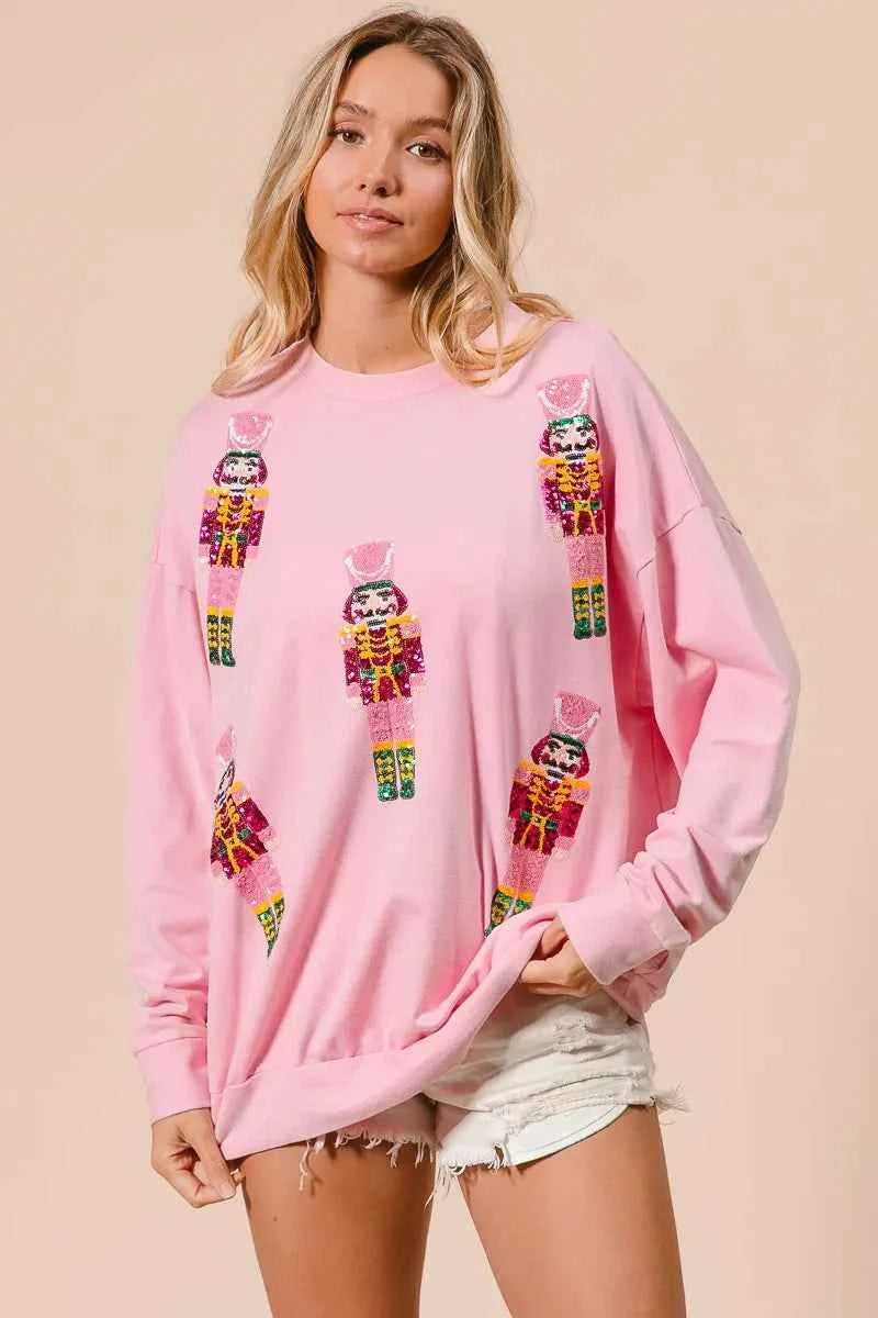 BiBi Sequin Nutcrackers Embroidery Christmas Sweatshirt LT PINK b87b81feabad49d4a293ff9e42791488-Max-Origin
