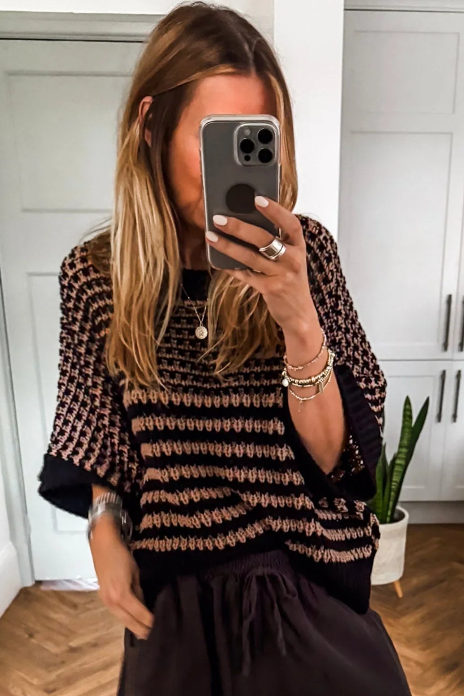 Black Stripe 3/4 Draped Sleeve Slouchy Sweater b87dfa12bbc526af