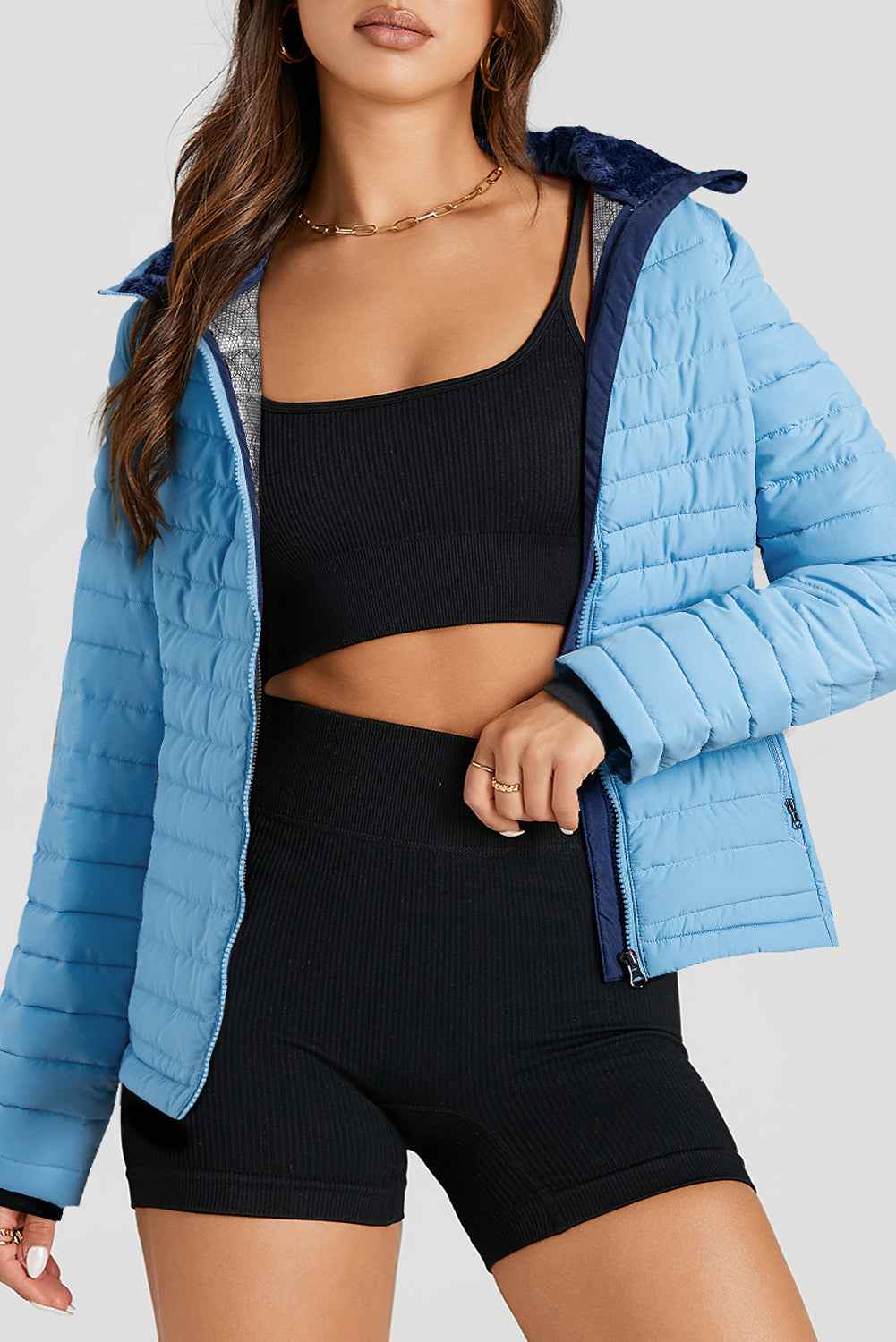 Silvery Solid Color Quilted Zip-up Puffer Jacket b87fa42ec2285859