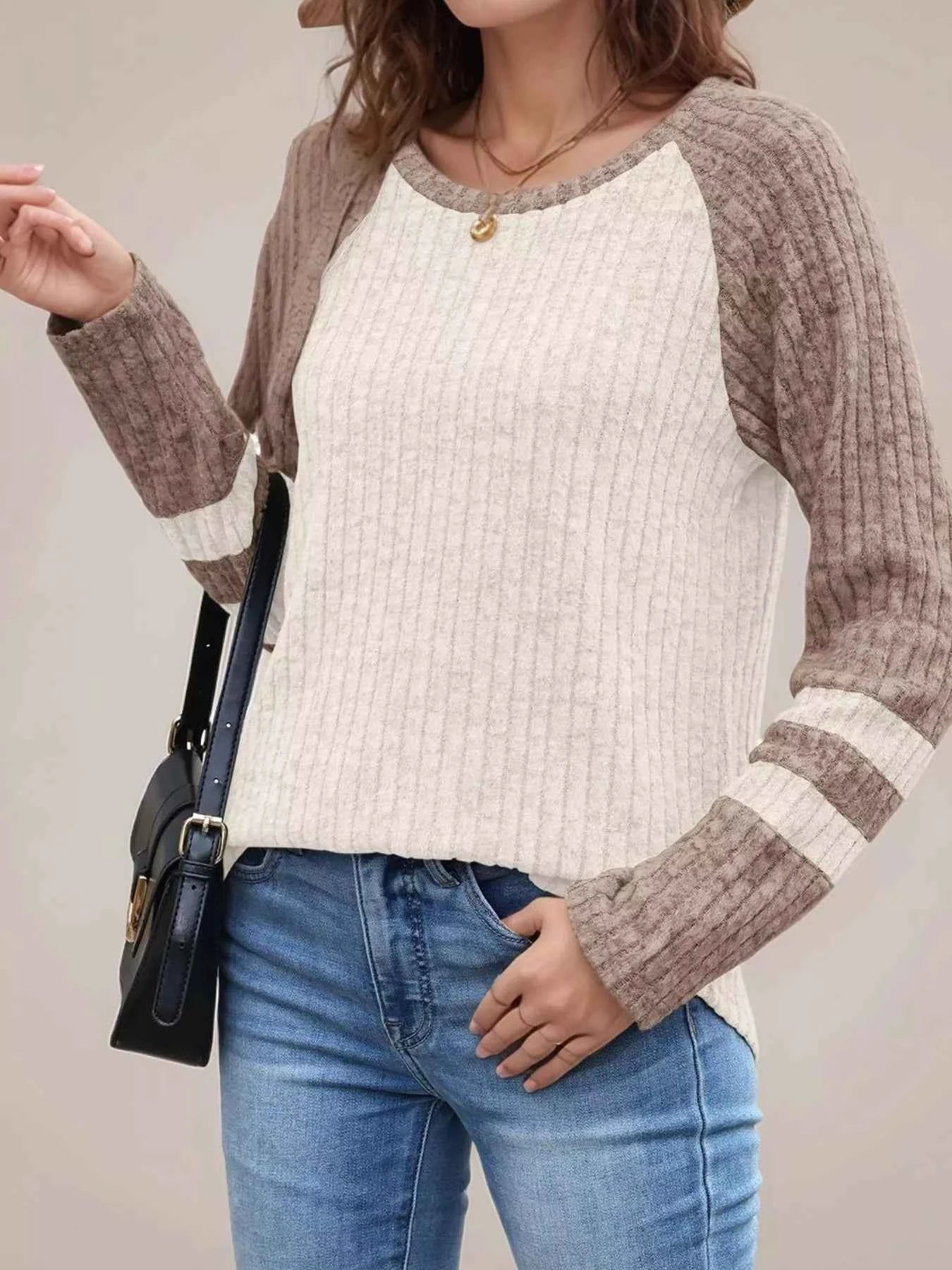 Ribbed Round Neck Raglan Sleeve Top Khaki b881a44c-017f-42bd-8d36-c42b7d1f53d5-Max-Origin