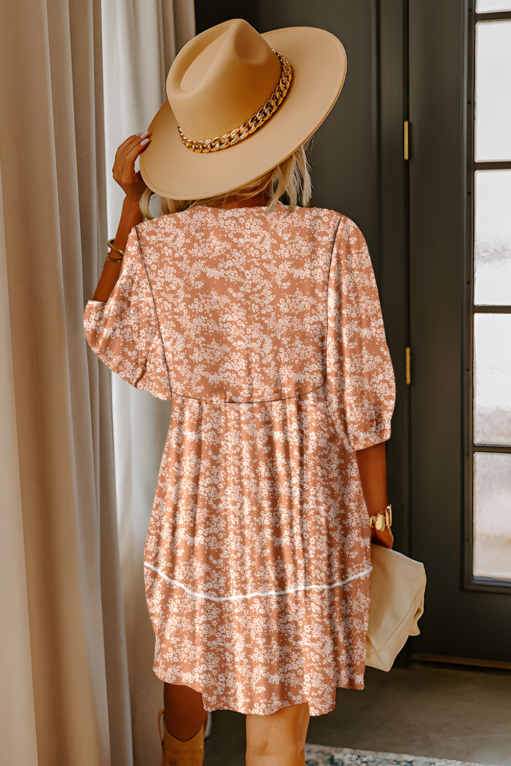 Yellow Floral Print Contrast Trim Button Tie Neck Swing Dress b8829a4492f54b0e