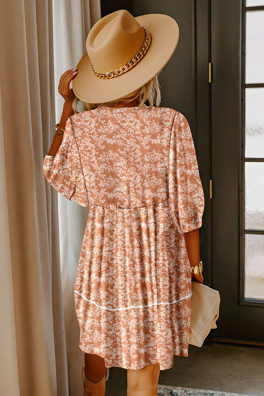 Yellow Floral Print Contrast Trim Button Tie Neck Swing Dress b8829a4492f54b0e