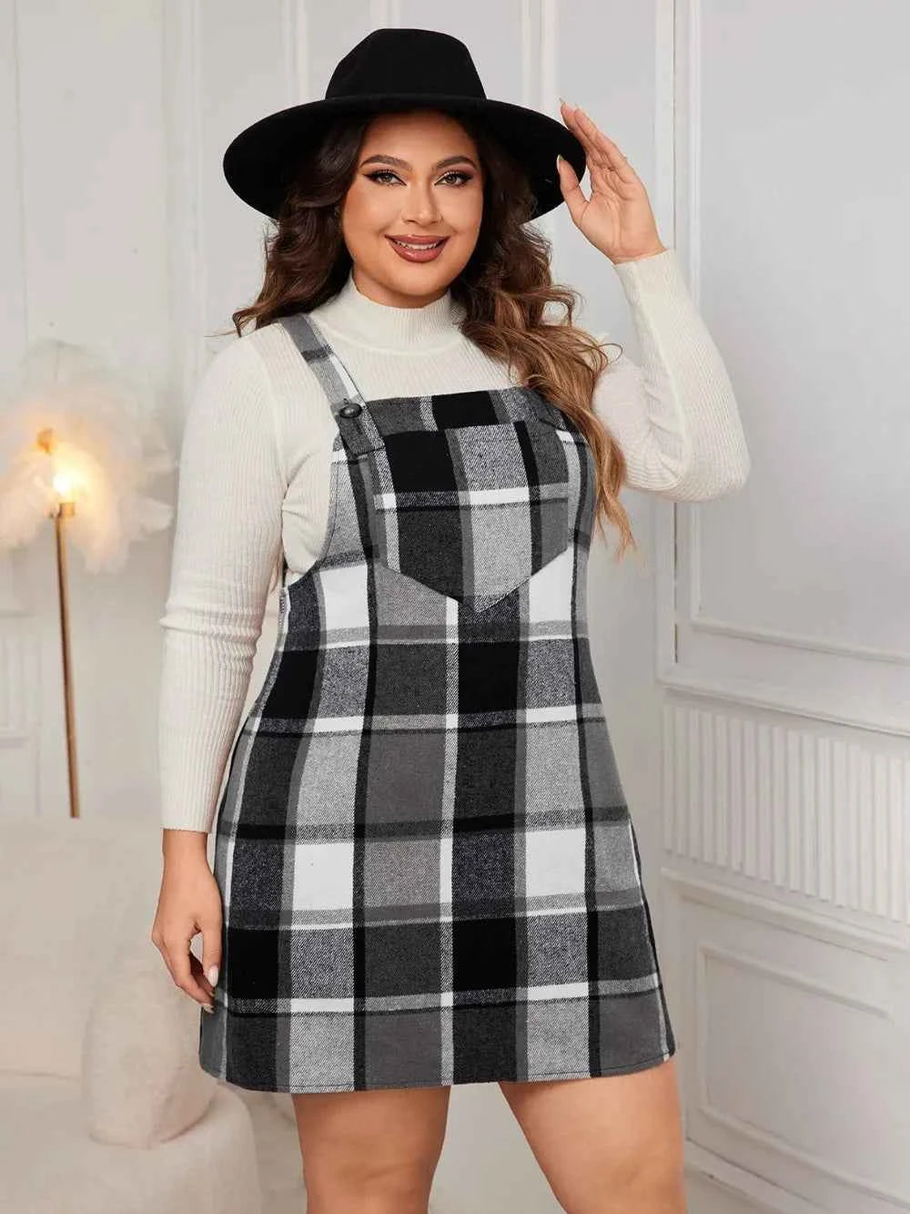Honey Plus Size Plaid Wide Strap Overall Dress b8842ffd-abda-49b3-9a0c-26a8f2f3b8b6-Max