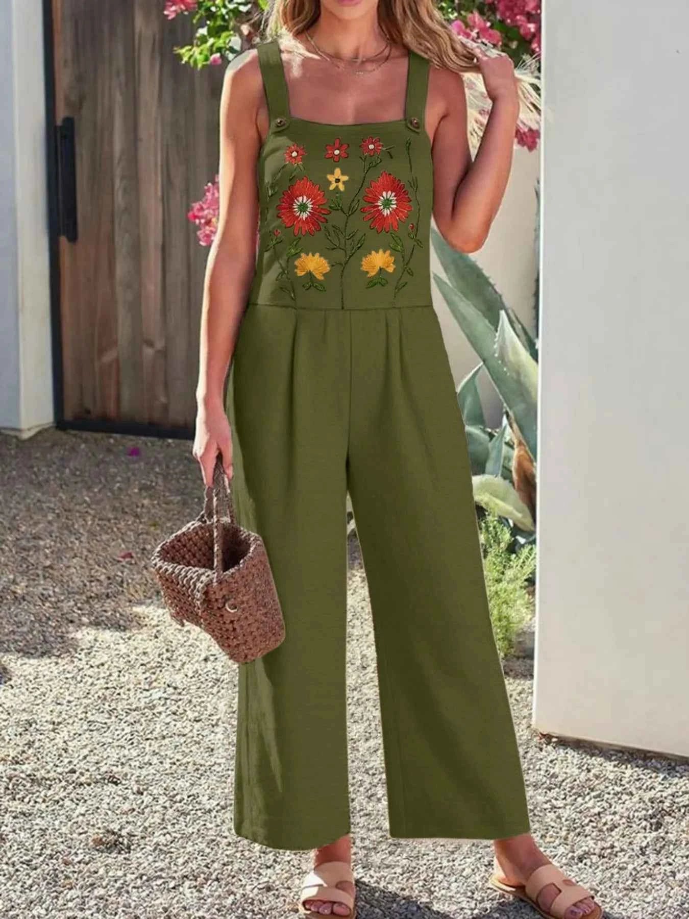 Floral Embroidered Wide Leg Jumpsuit Army Green b887f464-b37b-4b2b-bba6-277601d0cc49-Max-Origin