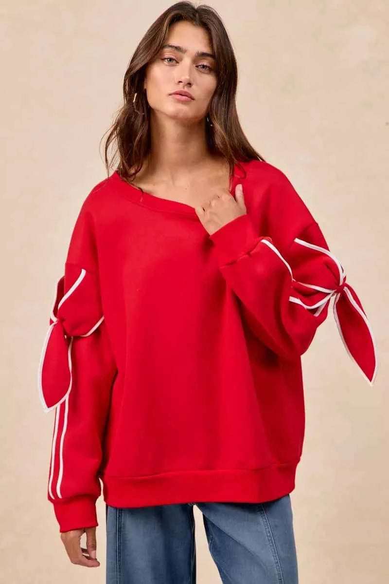 BiBi Bow Detail Sleeves Fleece Sweatshirt b88edba7-83e6-4132-ab82-104592745e29-Max-Origin