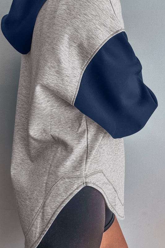 Light Grey Colorblock Patchwork V Neck Drawstring Hoodie b896baa28360deb8