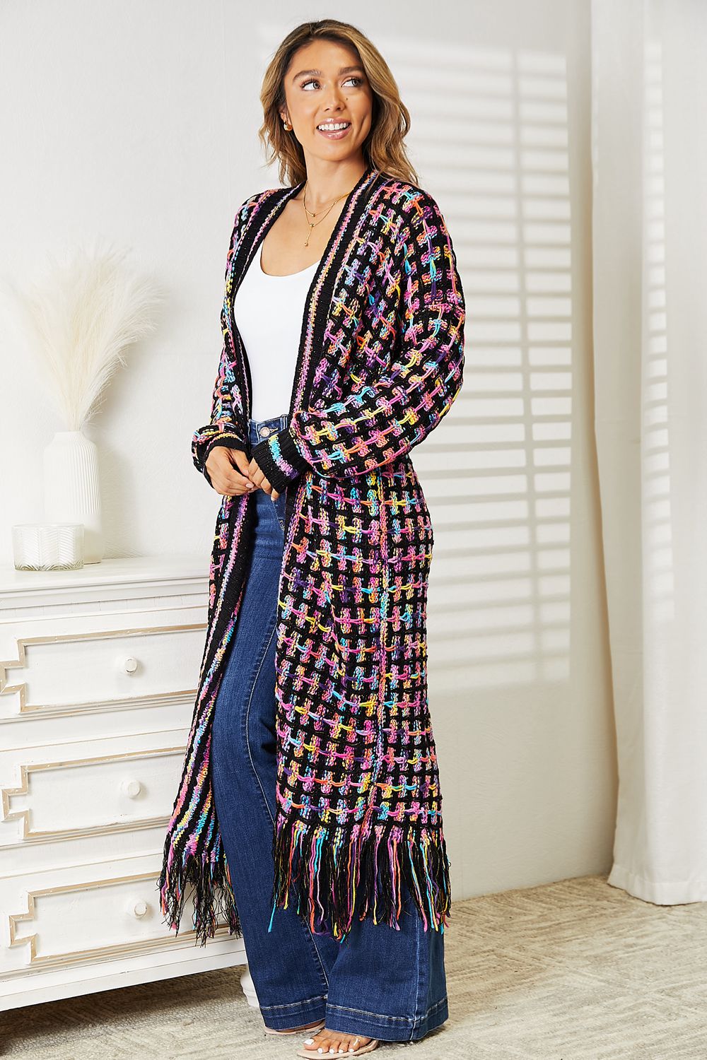 Angel Wings Full Size Multicolored Open Front Fringe Hem Cardigan b89a6484dfb540e5b296b3cd7925846e-Max