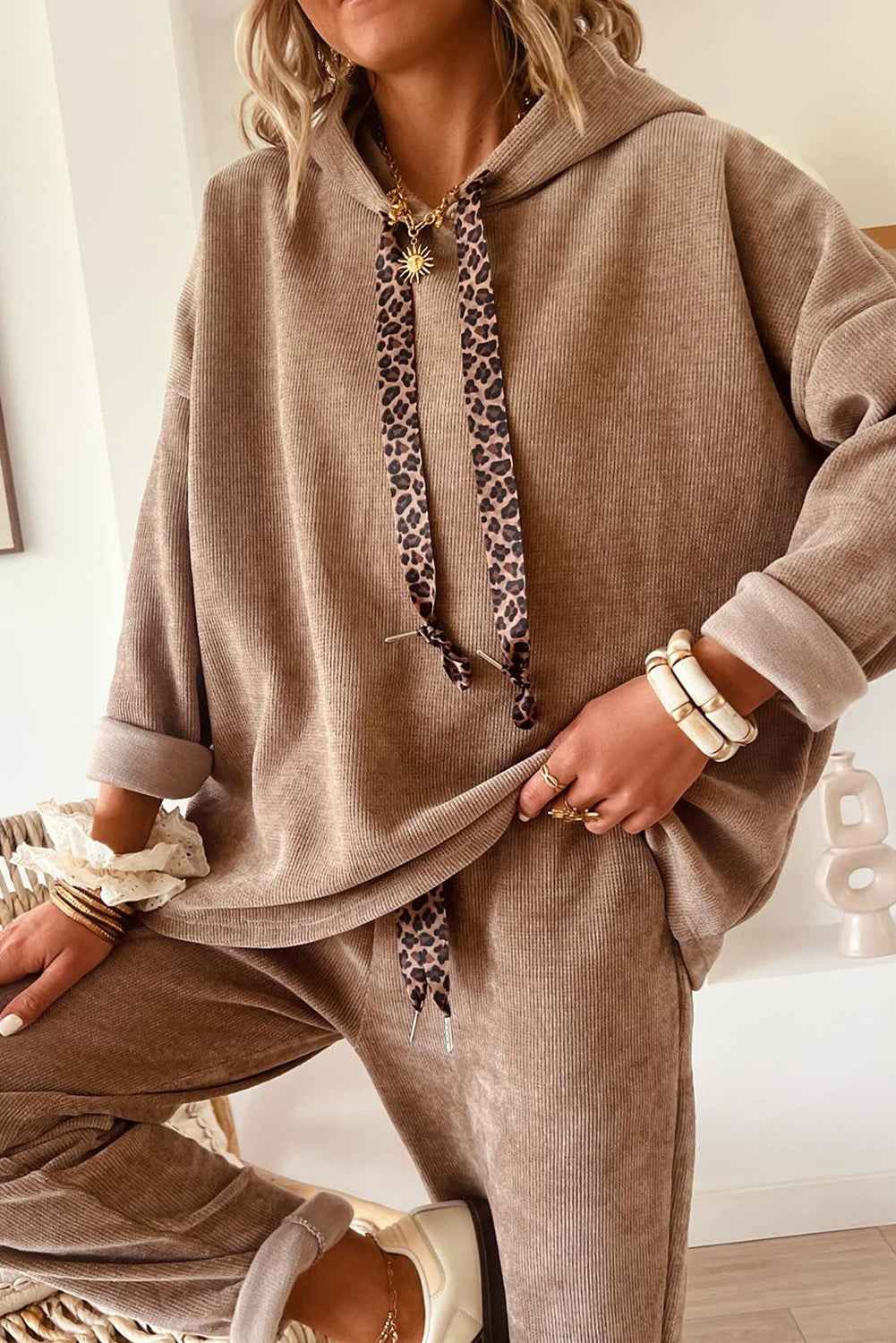 Jet Stream Drawstring Pullover Hoodie and High Waist Pants Corduroy Suit b89ad210fd2b318a