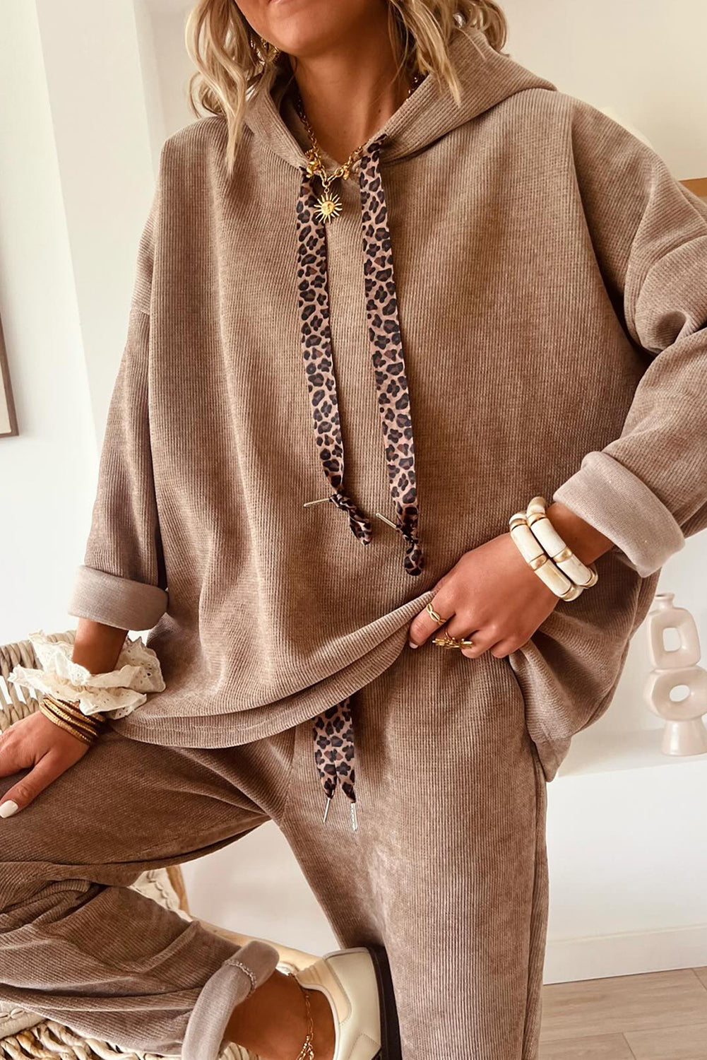 Jet Stream Drawstring Pullover Hoodie and High Waist Pants Corduroy Suit