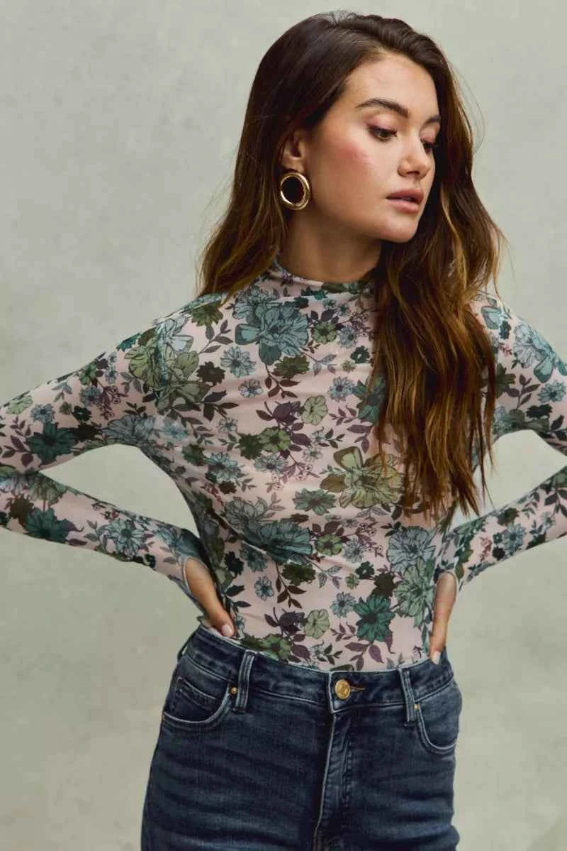 Floral Print Mesh Knit Long Sleeves Top b8a24bf42f8245d6a2b6ffa3921fd45a-Max-Origin