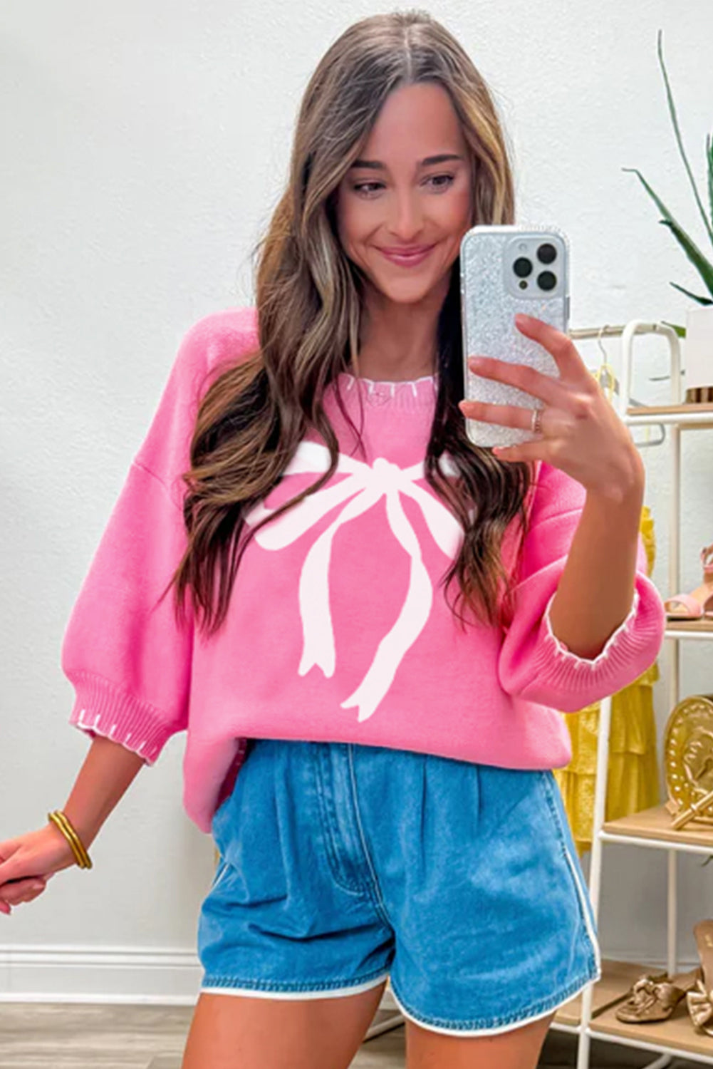 Sachet Pink Big Ribbon Bow Print Contrast Stitch Trim Drop Shoulder Sweater b8a555002a9fff76
