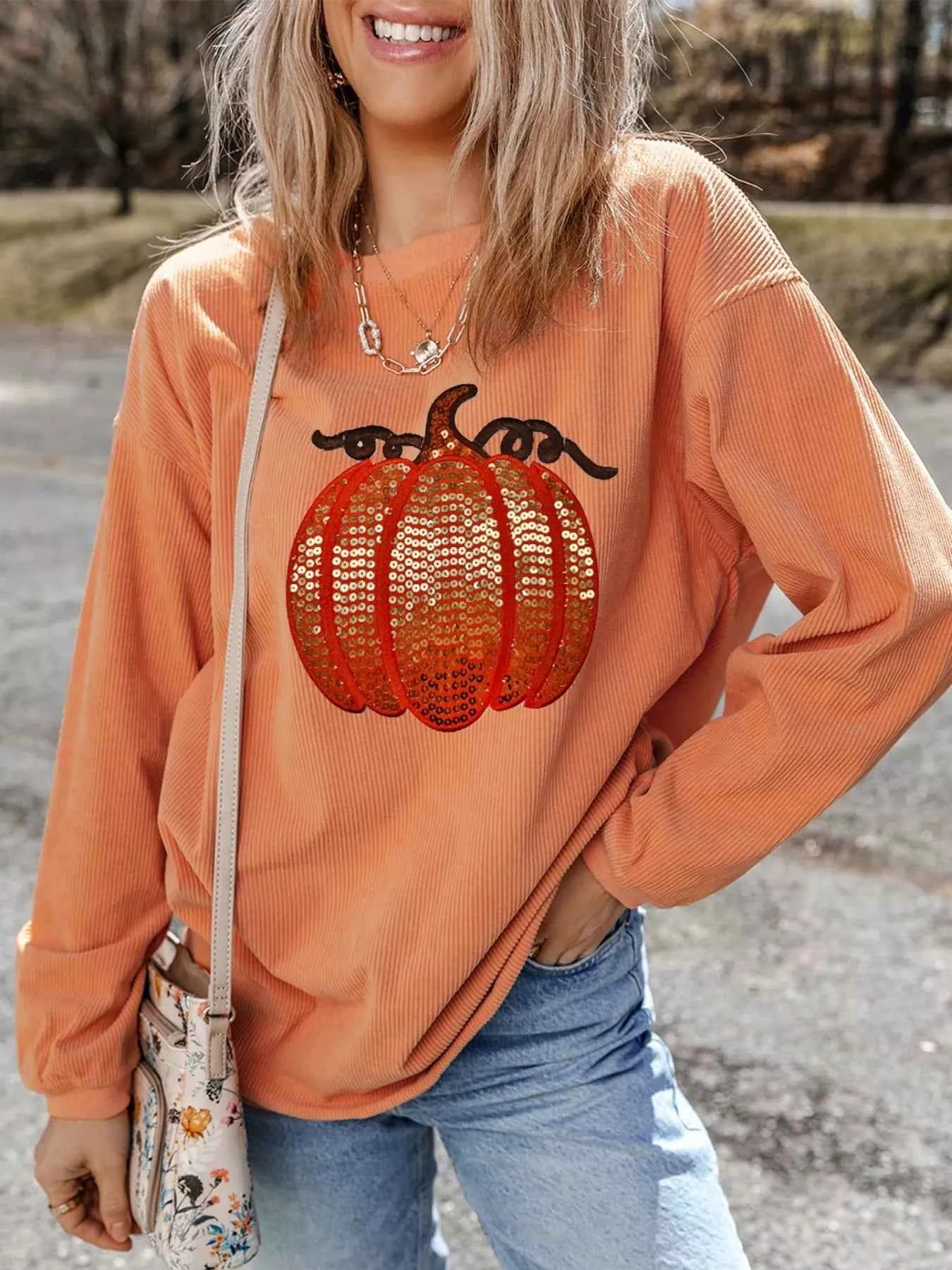 Halloween Sequined Pumpkin Ribbed Round Neck Sweatshirt b8a76dc4-9da4-4696-ae15-7d9bf66e7d66-Max-Origin