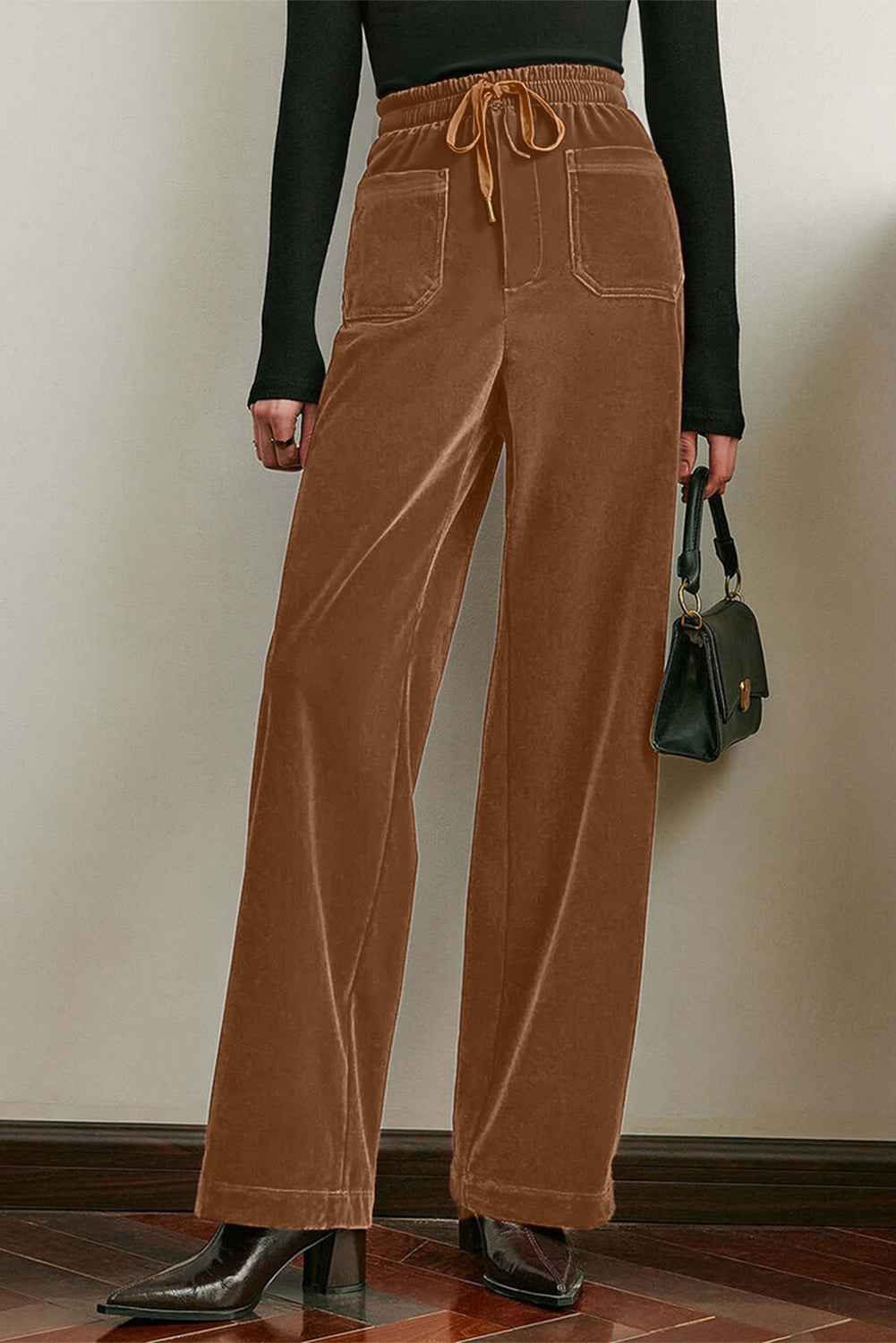 Coffee Straight Loose Drawstring Elastic High Waist Fleece Pants Coffee 95%Polyester+5%Elastane b8ab63cb51f9a189