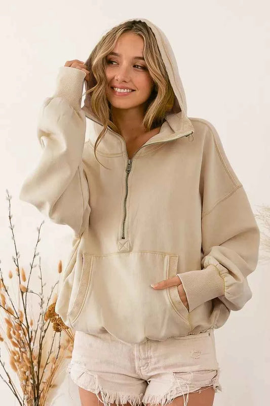 Stitch Detailed Elastic Hem Half Zip Fleece Hoodie OATMEAL b8abc12689f540b088315ad445c0067f-Max-Origin