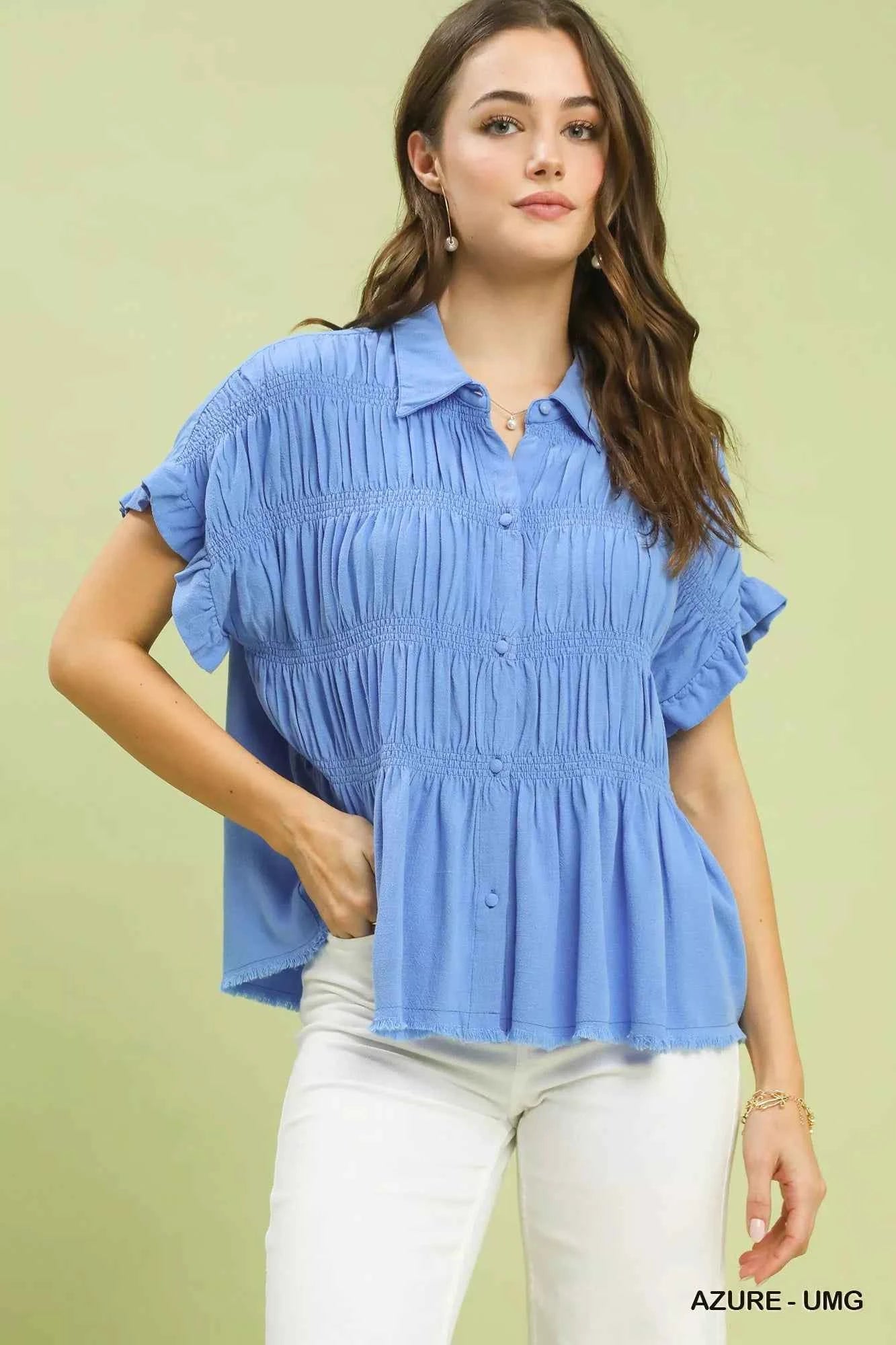 Umgee Washed Linen Blend Smocked Shirt AZURE-UMG b8b04e88-6b8d-4351-84e5-c65583d412dc-Max-Origin
