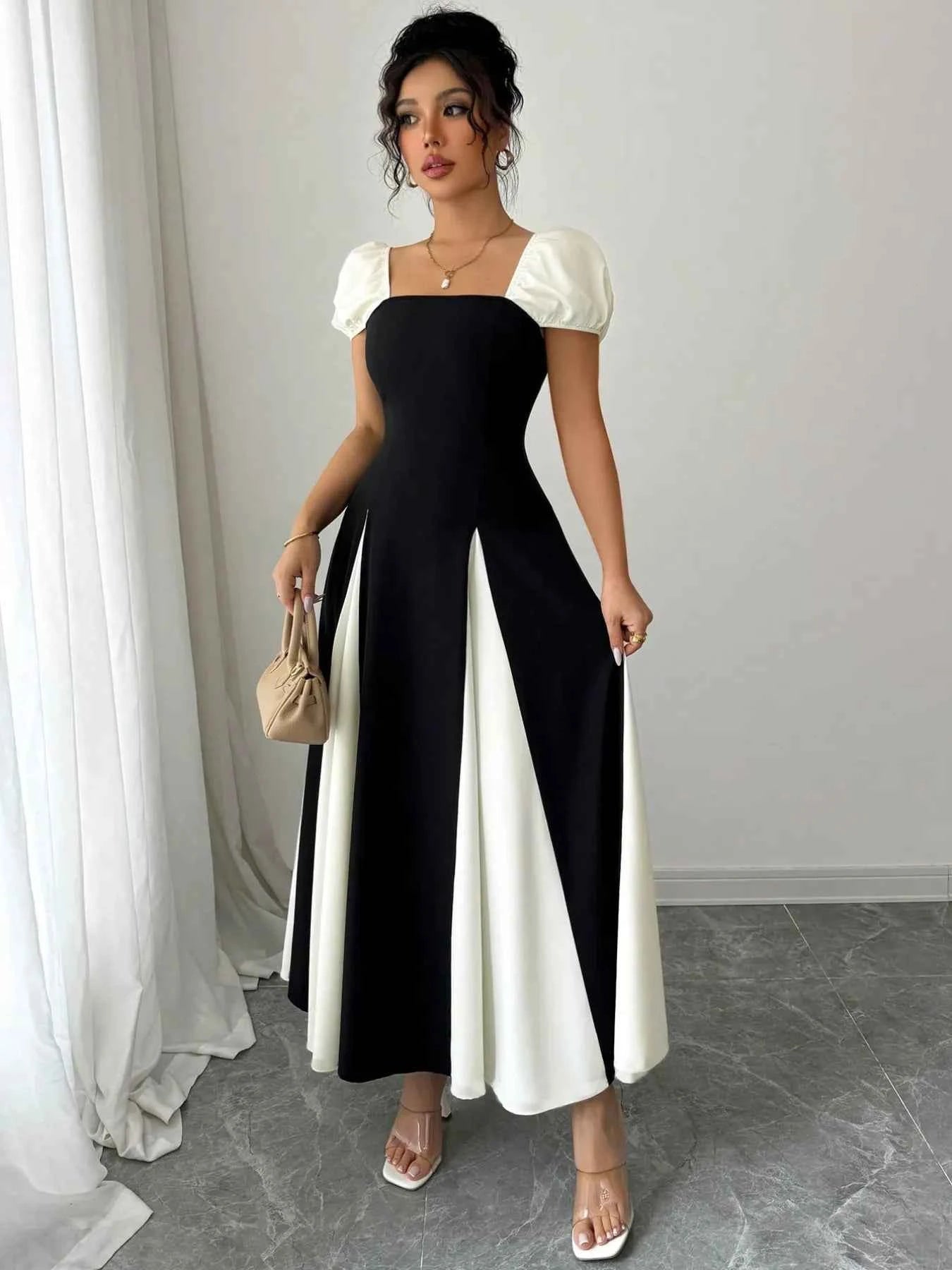 Contrast Puff Sleeve Midi Dress Black b8b25370-22e2-4377-9aeb-e2aaf4fdef61-Max-Origin