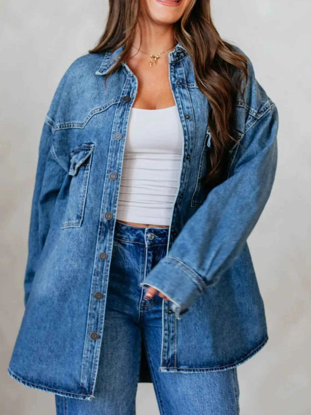 Snap Down Dropped Shoulder Denim Jacket b8b4c639-d5e7-4041-afca-ffeb643e4ab7-Max-Origin