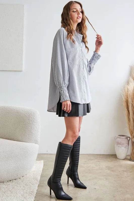 ADORA High-Low Striped Button Down Smocked Lantern Sleeve Shirt b8bca747-c6cc-4f94-b68d-d47b53143bdf-Max