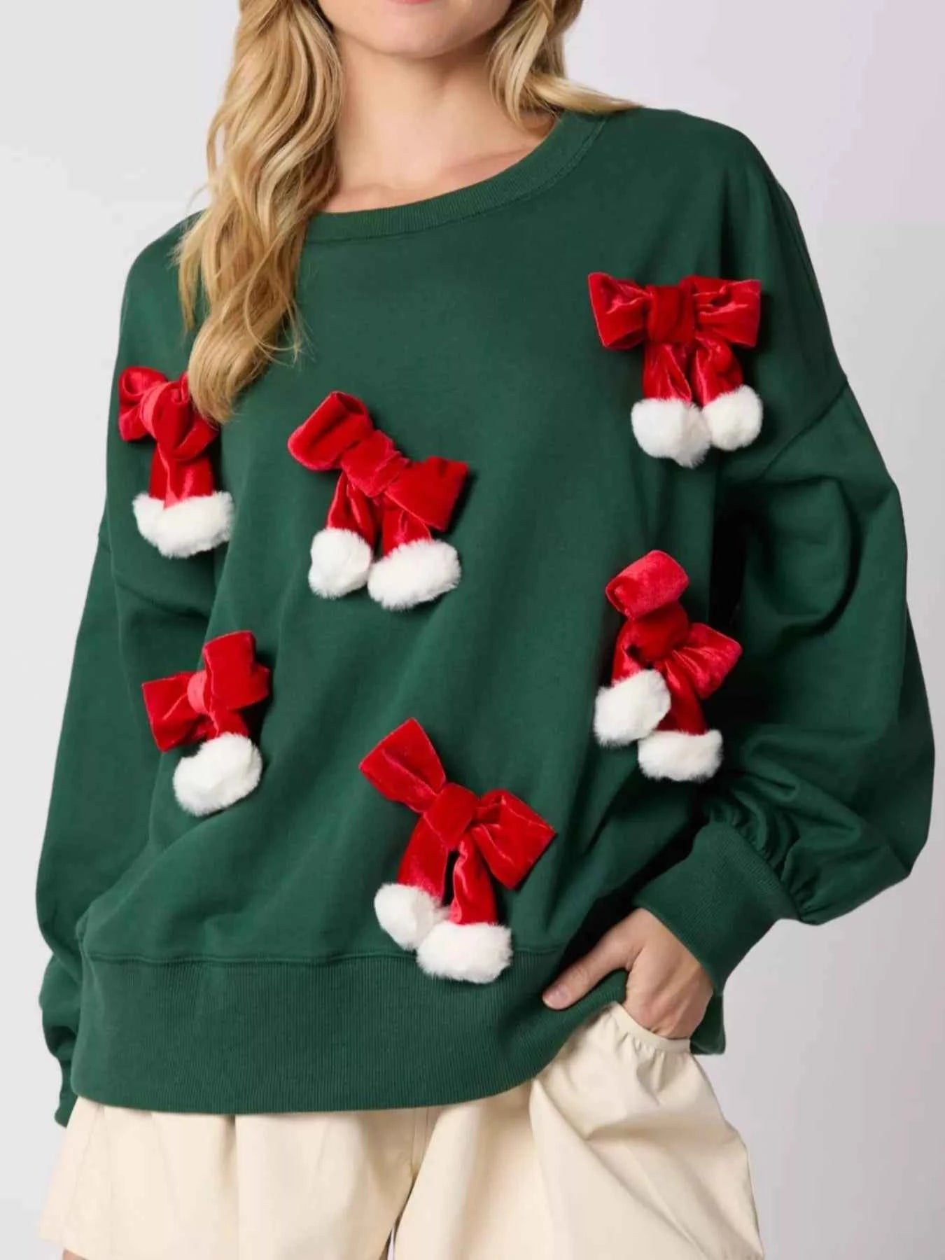Christmas Long Sleeve Sweatshirt with Pom-Pom Bow Decoration b8bf3bb2-8fd9-4044-9eb9-5f4739f105e4-Max-Origin