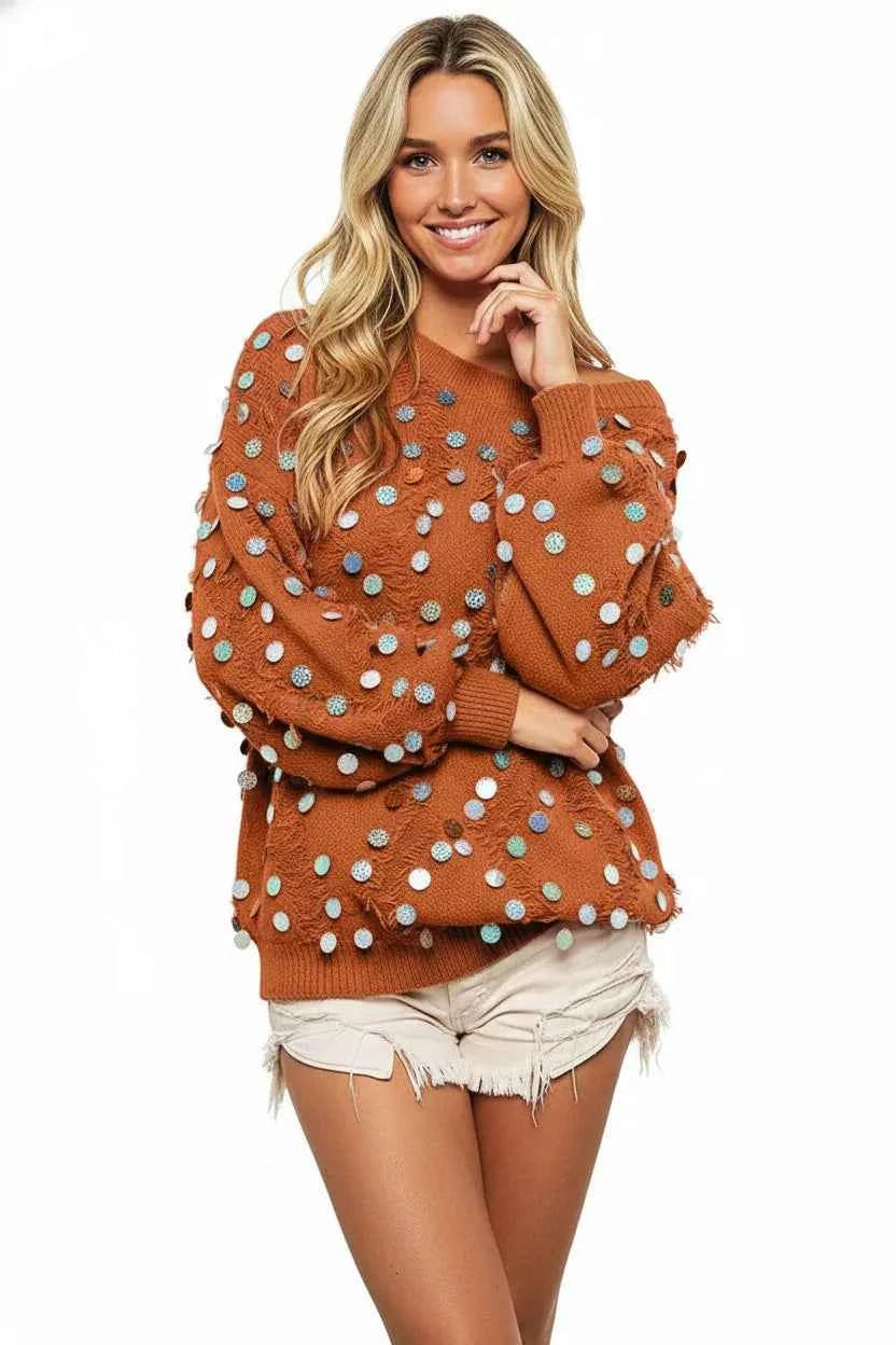 BiBi Distressed Effect Bishop Sleeve Spangled Sweater b8c02d02-a171-4b91-9470-3db3dc892542-Max-Origin