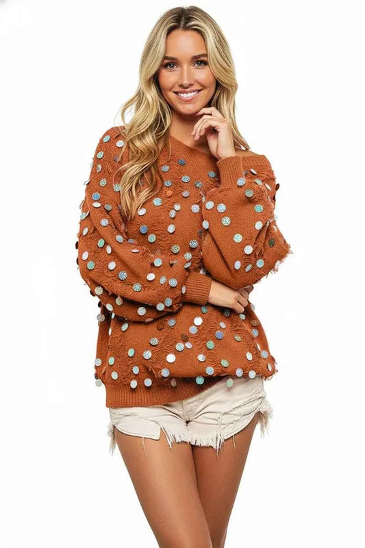 BiBi Distressed Effect Bishop Sleeve Spangled Sweater b8c02d02-a171-4b91-9470-3db3dc892542-Max-Origin