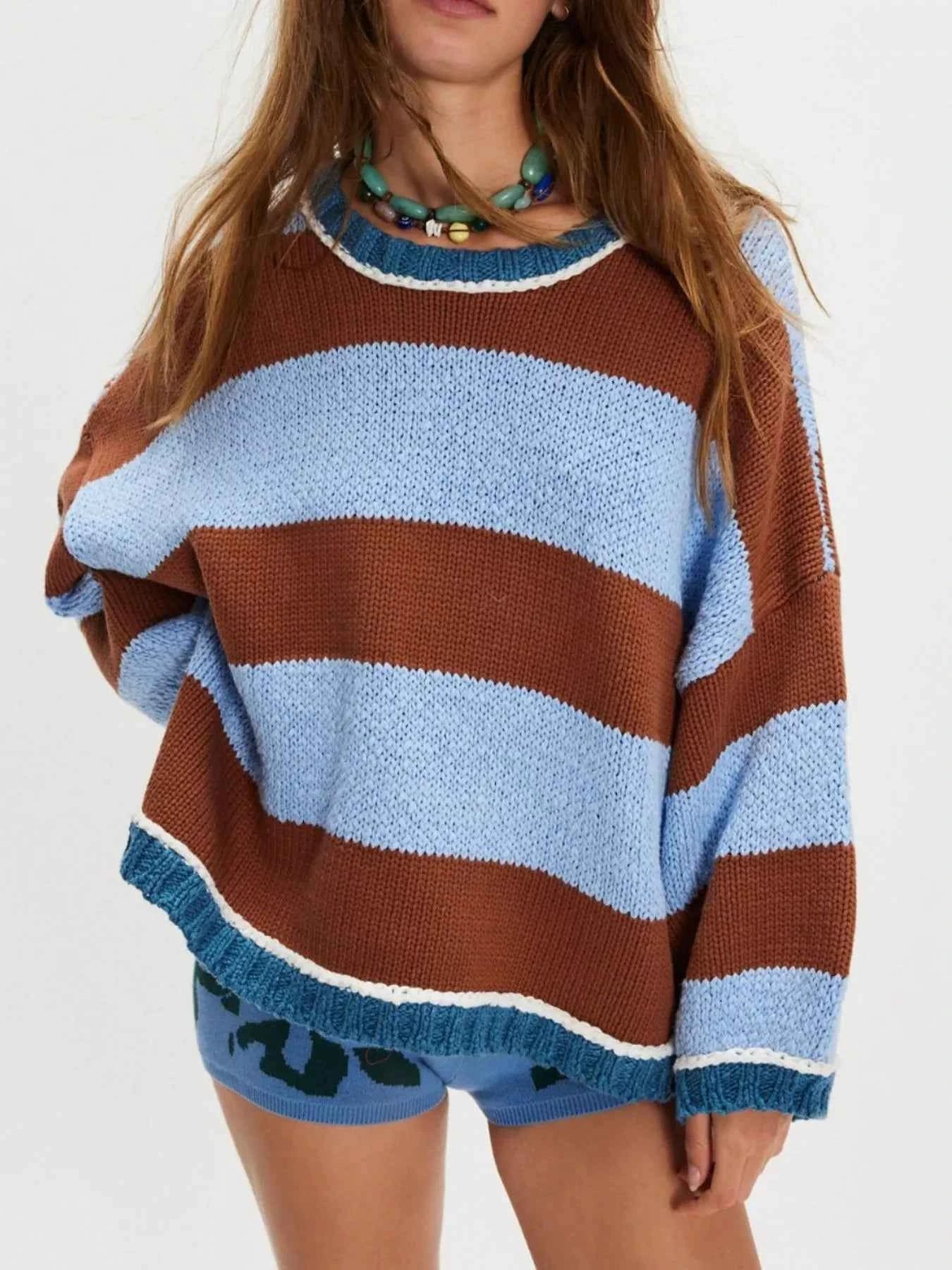 Color Block Round Neck Sweater Brown b8c3793a-8603-4c91-8bc1-10bd682047c1-Max-Origin