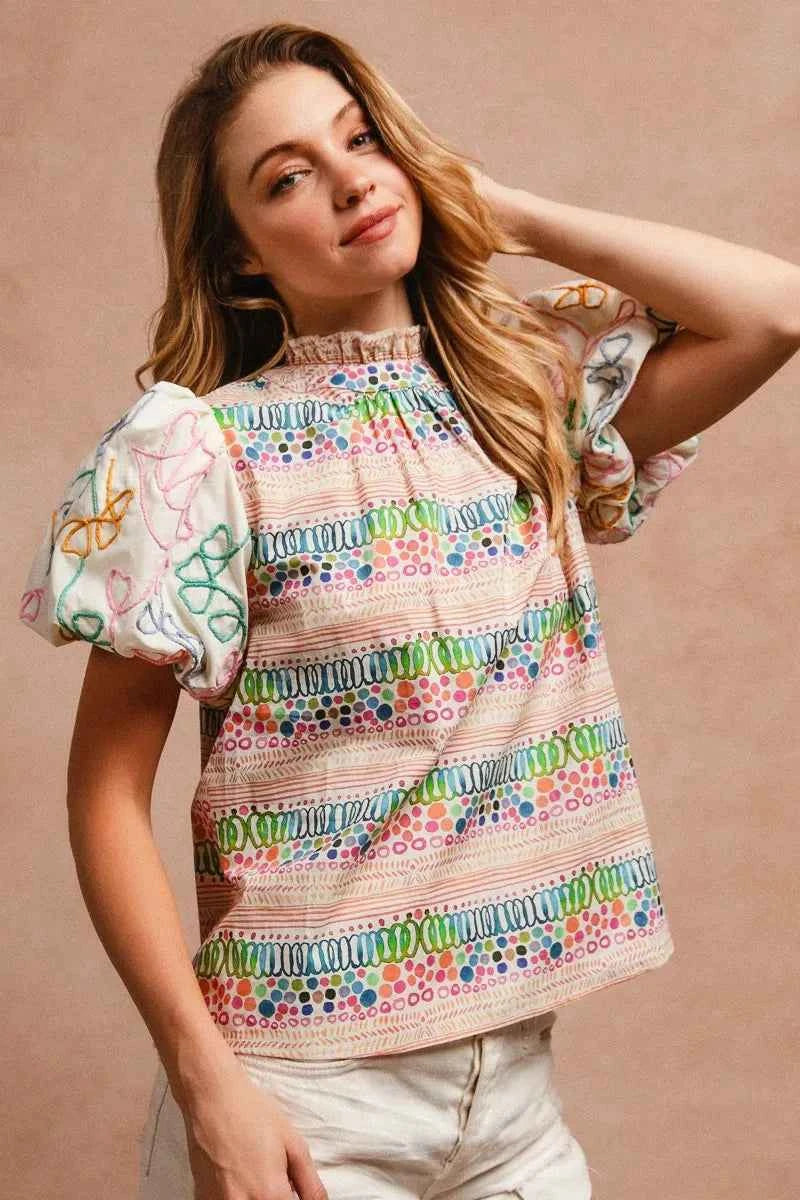 BiBi Ruffle Neckline Blouse With Embroidery Bubble Sleeve b8c5272bce554195b6a70a9146f097ca-Max-Origin