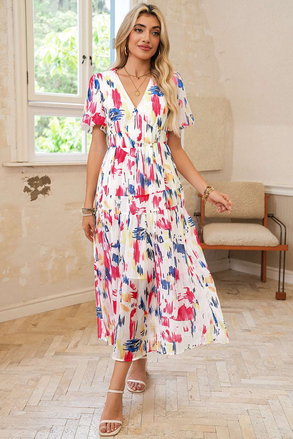 Sky Blue Abstract Print Short Puff Sleeve Tiered Maxi Dress b8c70b70ccebf7ab-_12