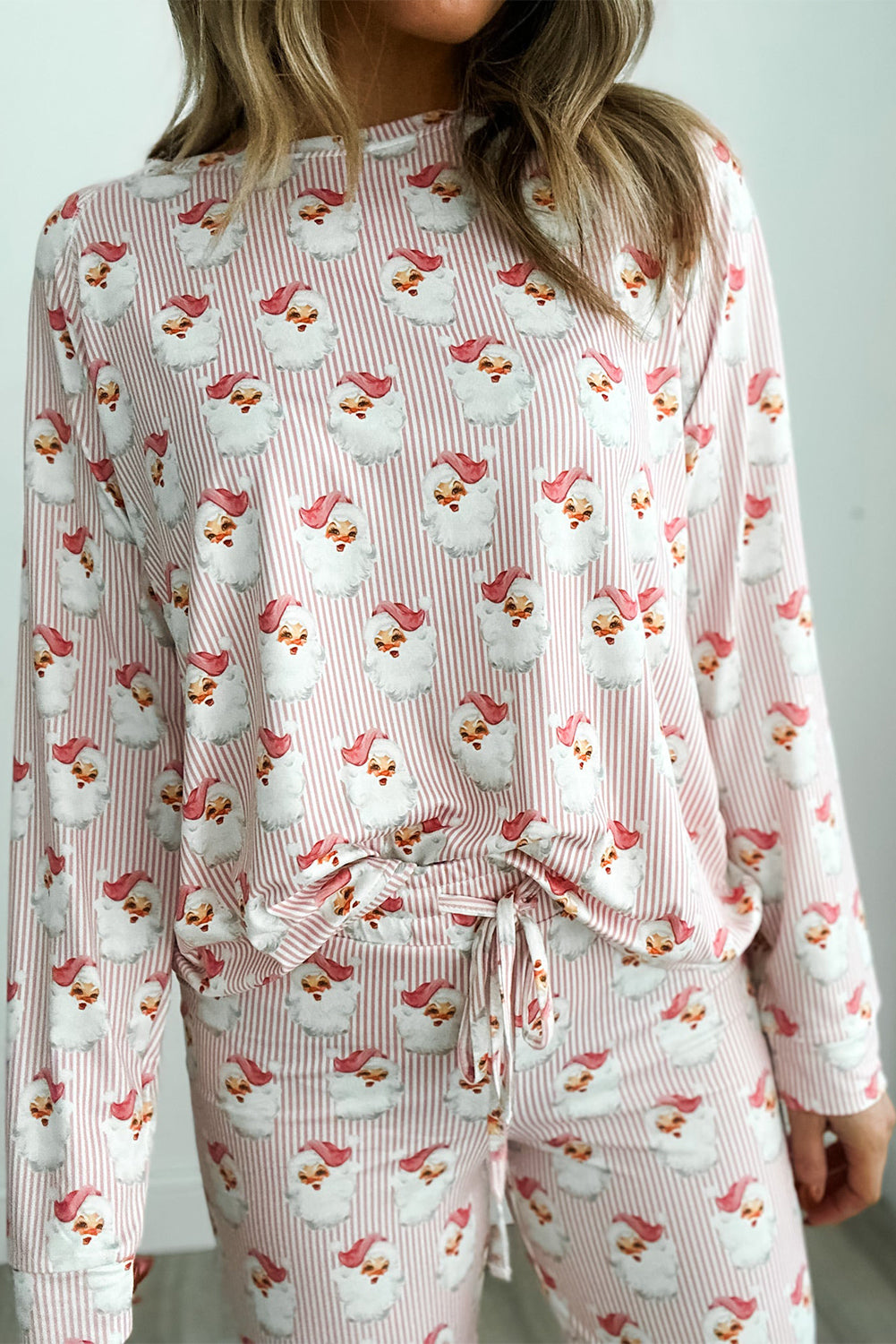 Pink Santa Claus Striped Print Loose Fit Two Piece Loungewear Set b8c97da3542b3991