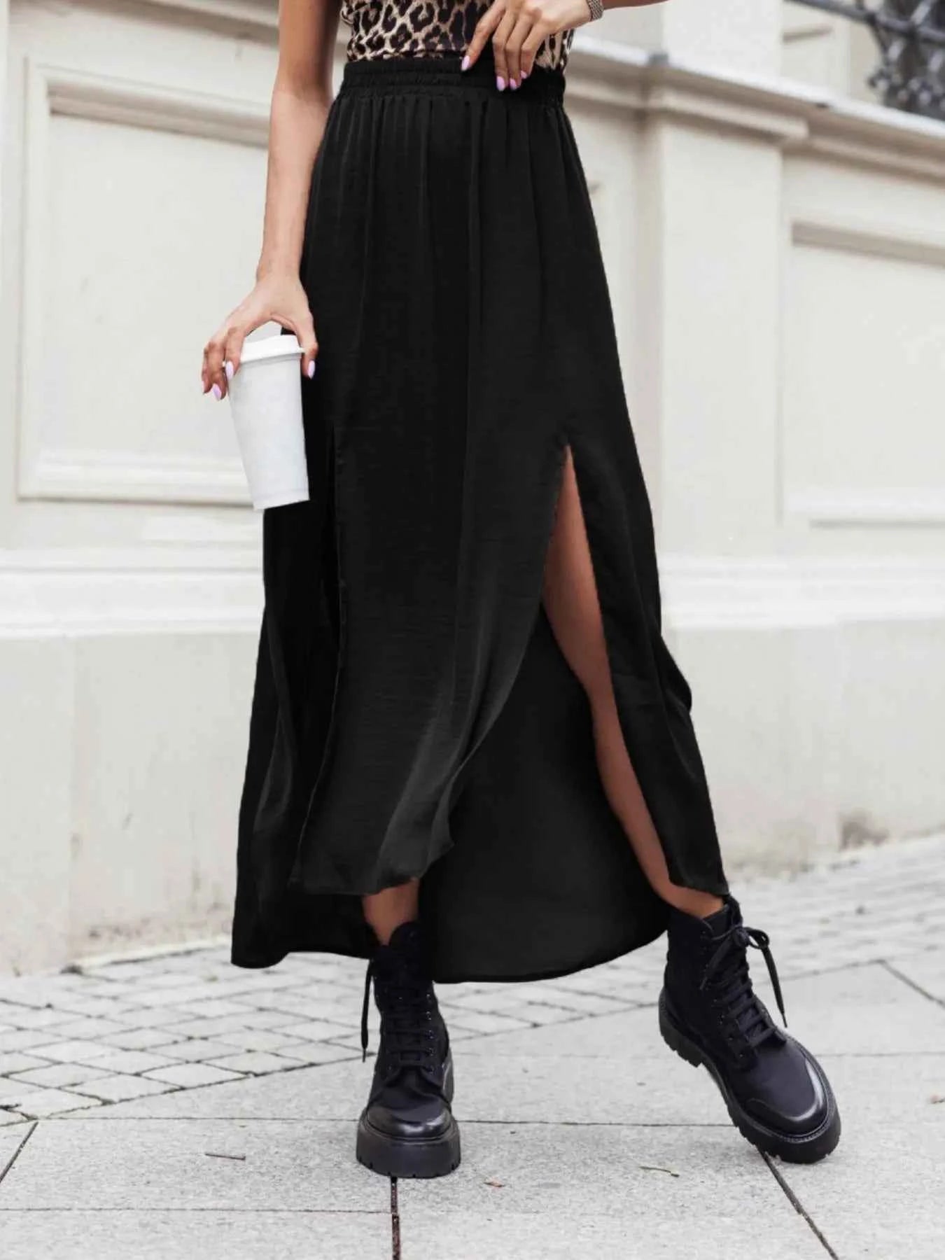 Elastic Waistband High-Slit Maxi Skirt Black b8ce52bbf87a4307a5f0ea96f9caa43e-Max-Origin