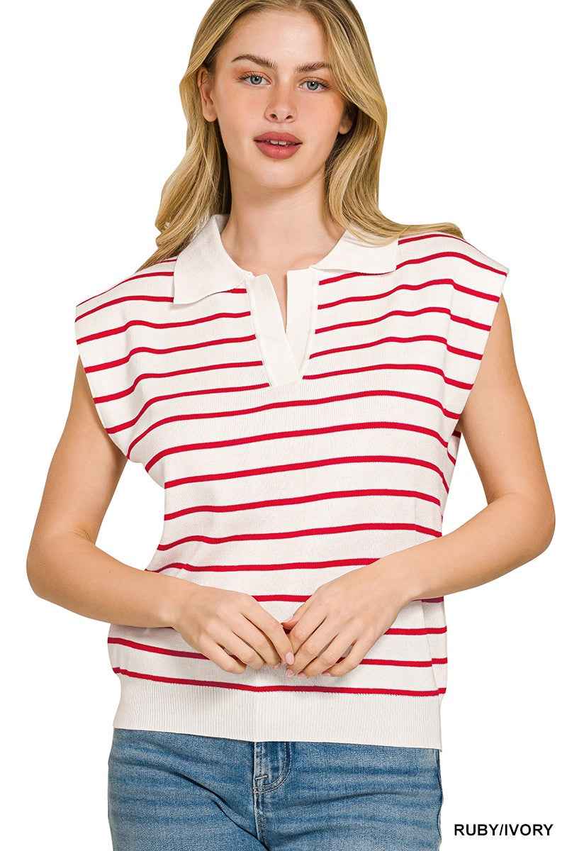 Zenana Viscose Striped Collared Sweater Vest b8d5a844cb84488b921bc5beccfdcdea-Max
