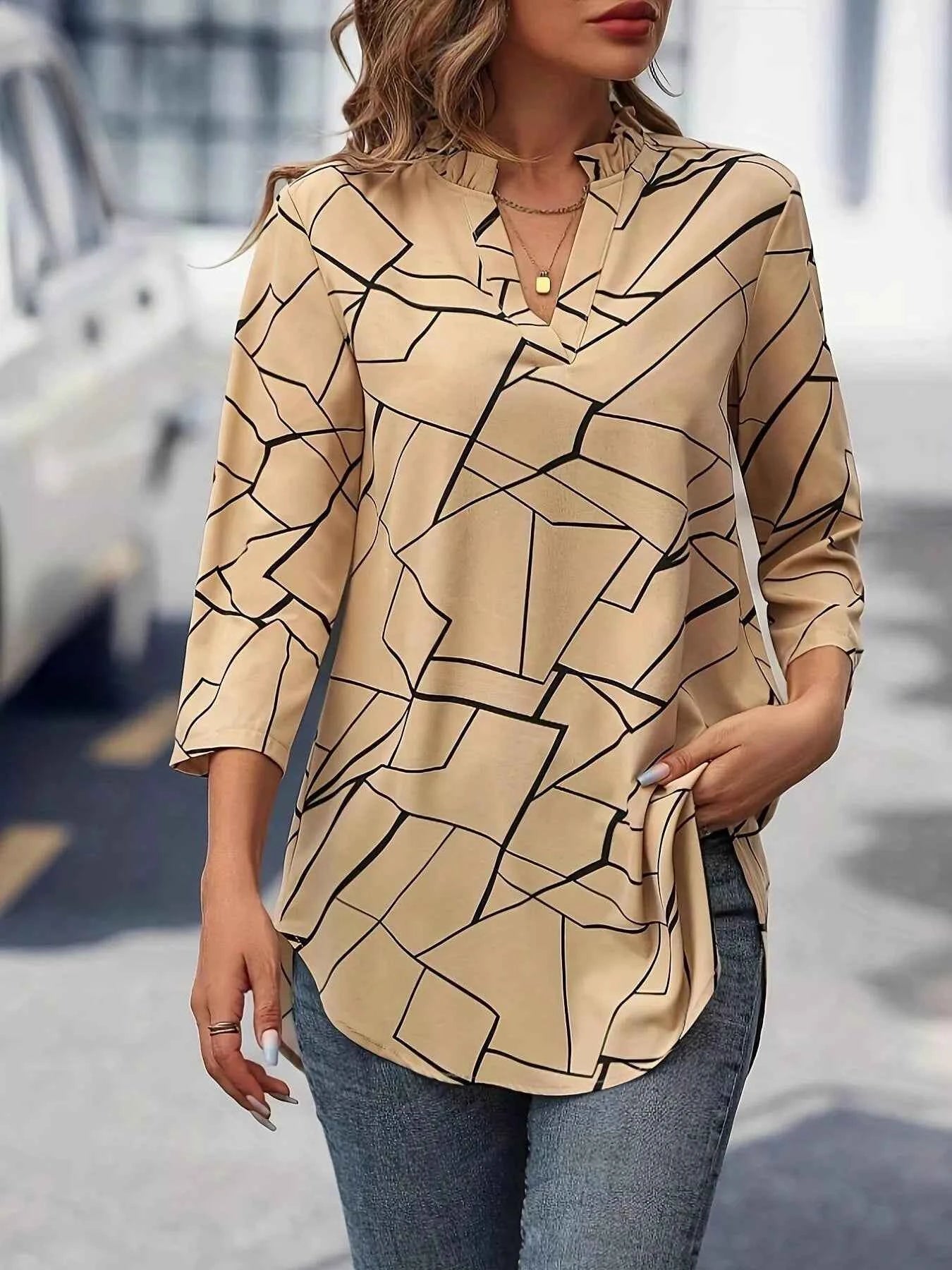 Notched 3/4 Sleeve Blouse b8d5f228ba6d473dadcc6906136340a6-Max-Origin