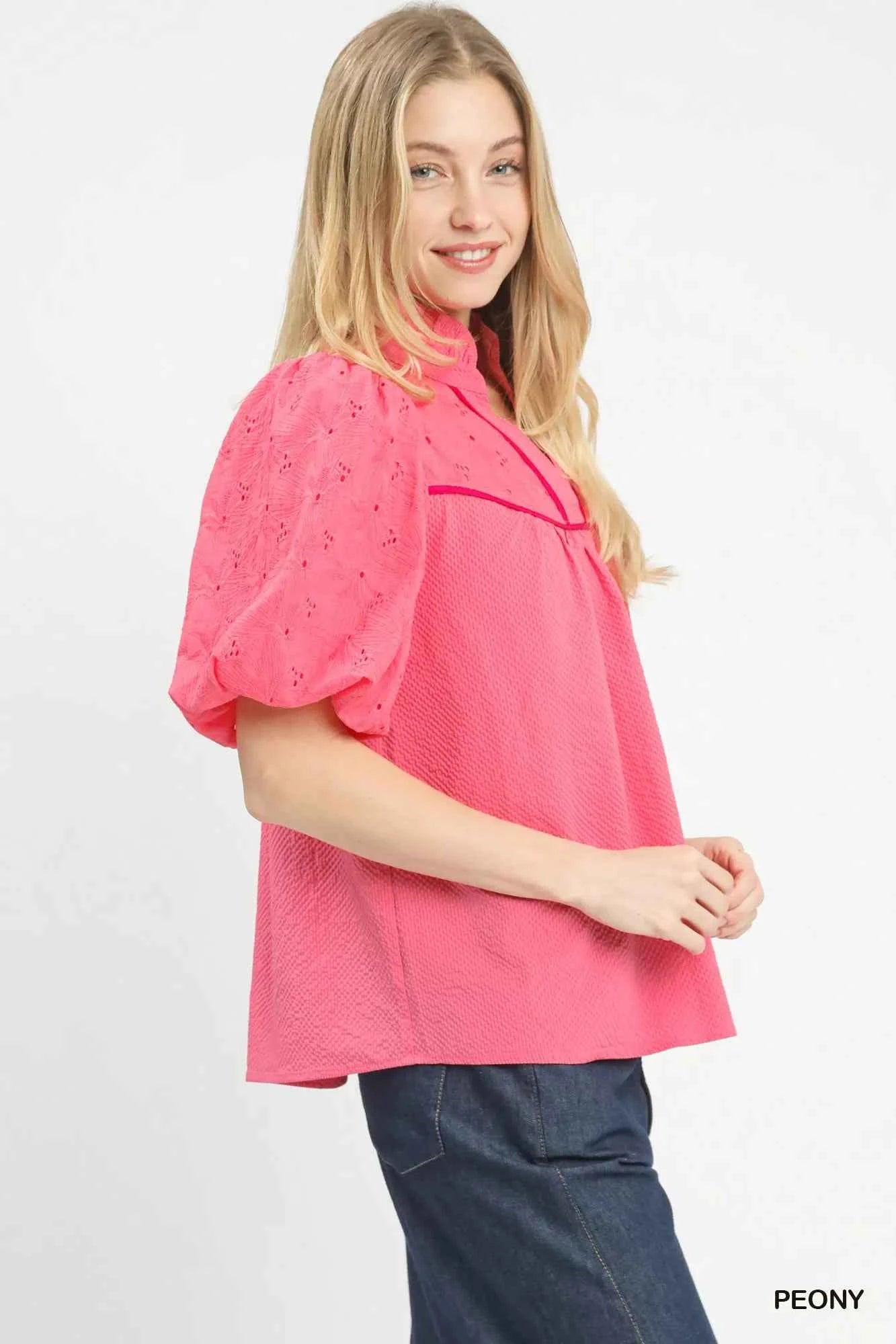 Umgee Puff Sleeve Eyelet Mix Top with Contrast Piping b8d9e5c0-417b-4f90-9325-0c8bda3aff52-Max-Origin