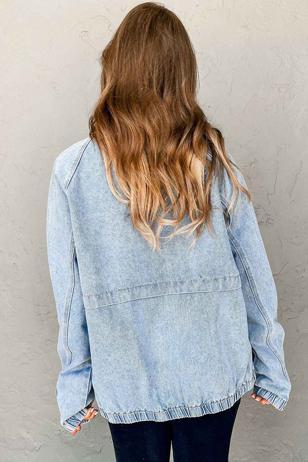 Myosotis Elastic Hem Collared Zip Up Denim Jacket b8dd45f8ba883107