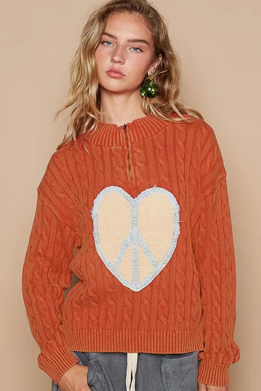 POL Cable-Knit Peace Patch Dropped Shoulder Sweater b8e1555c-2884-4d5e-bf13-30b9576f6591-Max