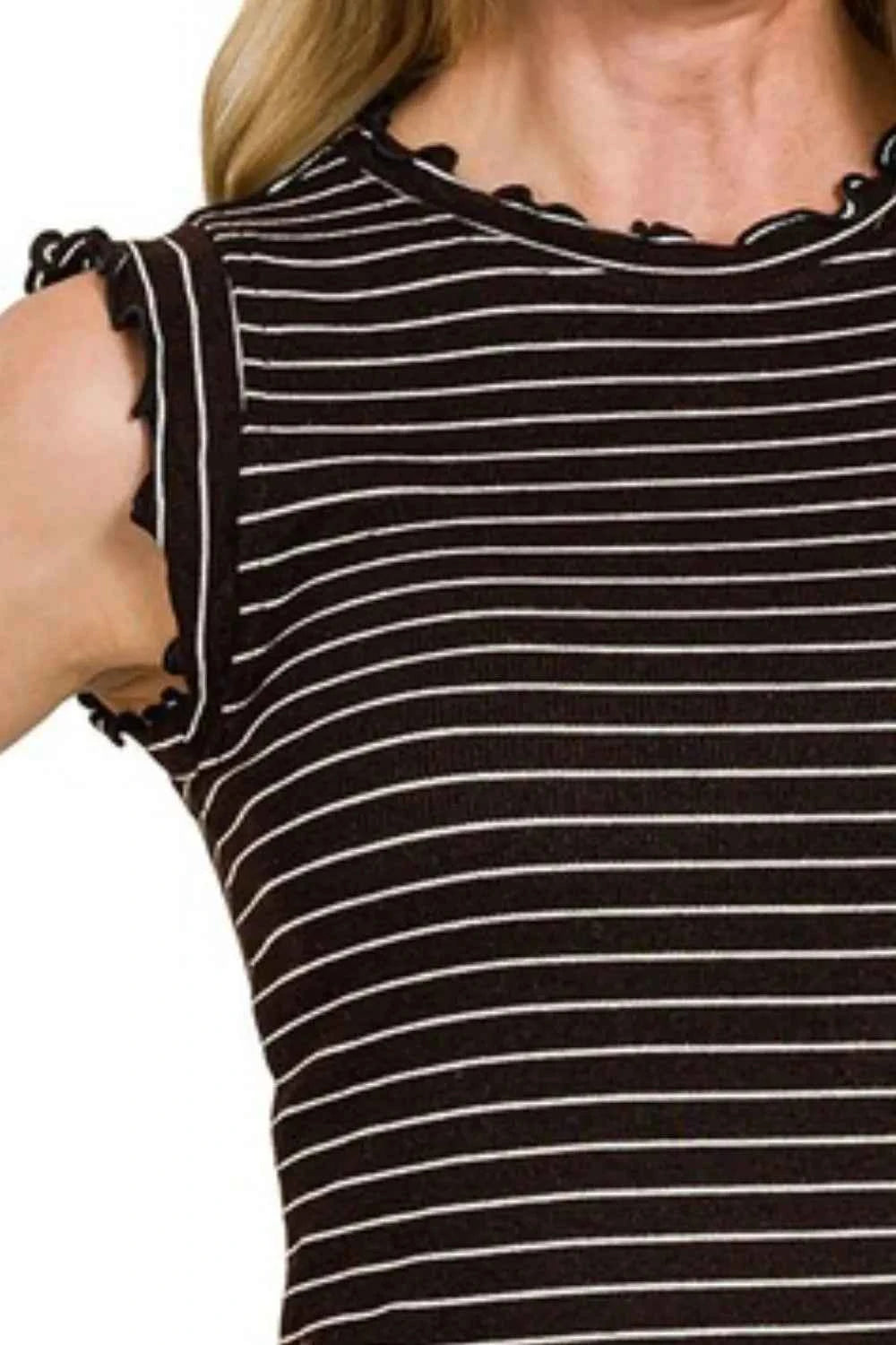 Zenana Ribbed Ruffle Trim Sleeveless Stripe Top b8e3e475-d929-4850-8eae-19f45a262f42-Max-Origin