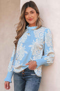Sky Blue Ruffled Collar Puff Sleeve Flower Blouse Sky Blue 100%Polyester b8e4d02228a2e6f8