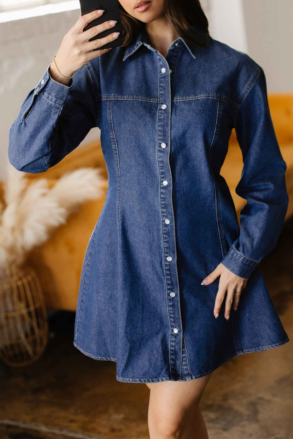 Ashleigh Blue Denim Shirt Collar Long Sleeve Flared Mini Dress b8e577fdc93c1414
