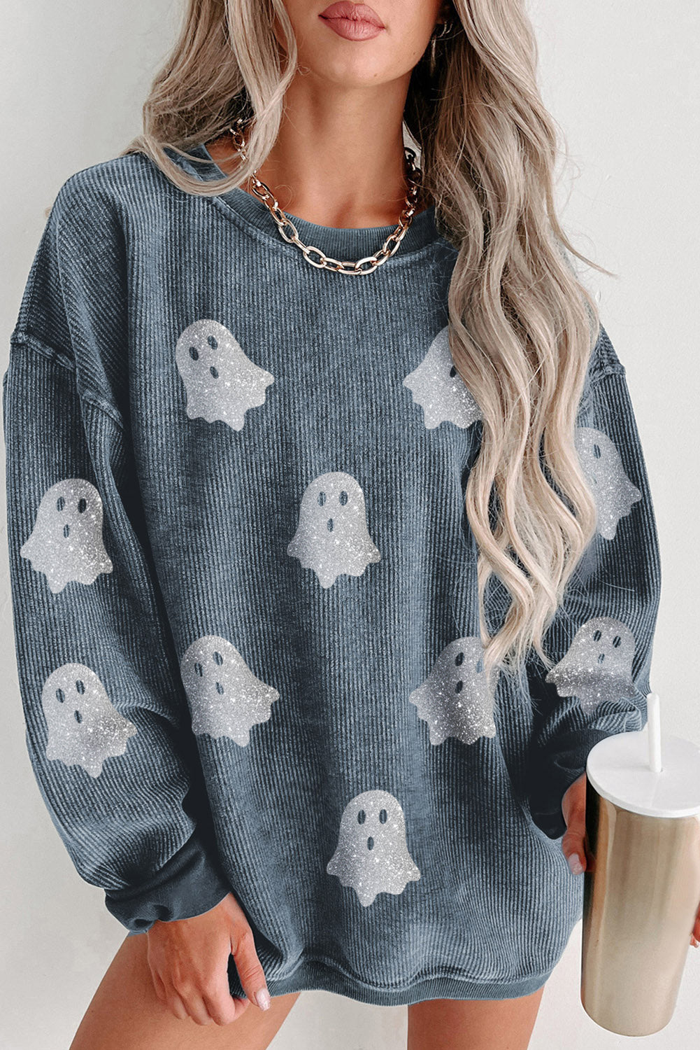 Black Halloween Ghost Corded Crew Neck Loose Sweatshirt b8ed995936a6b9cc