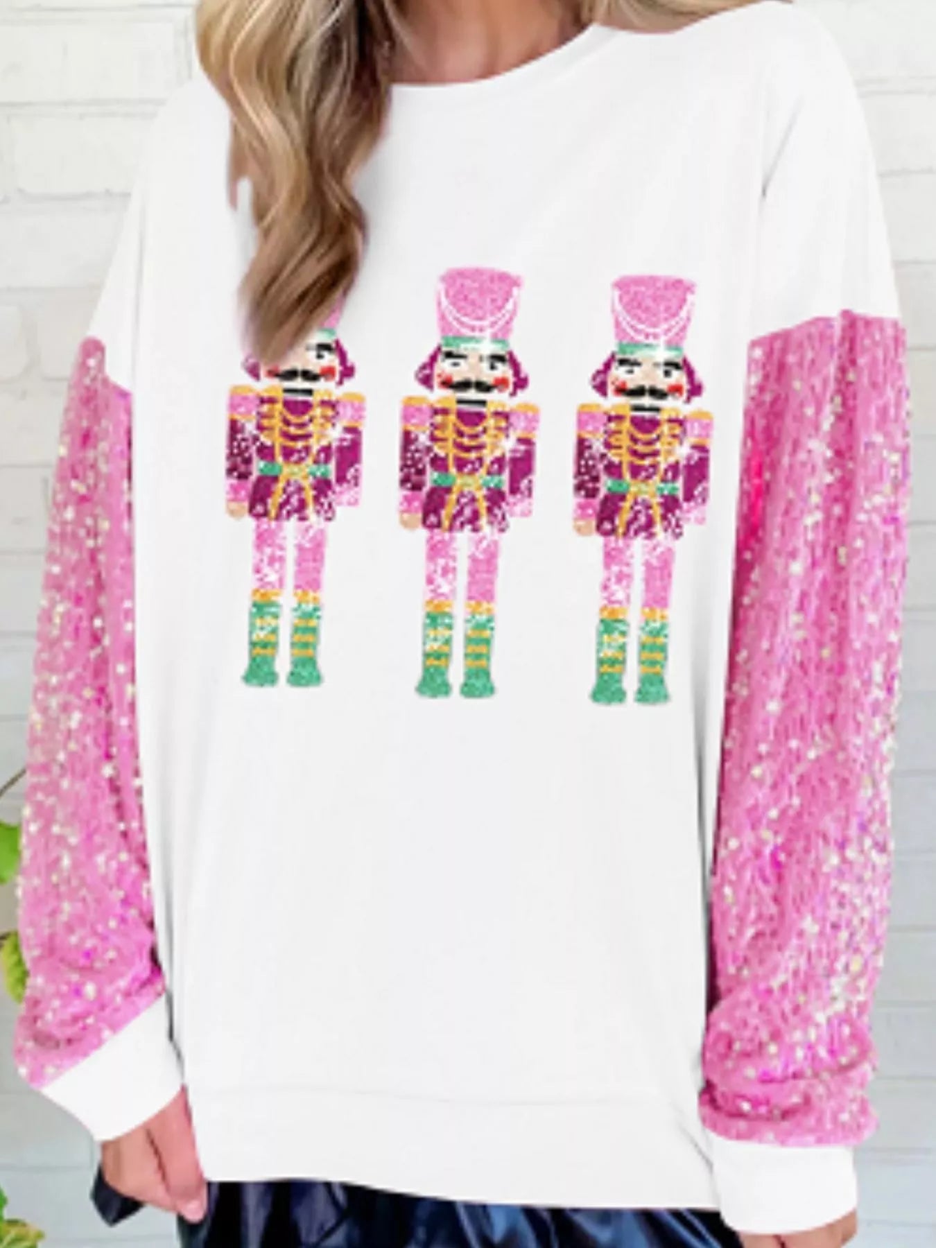 Christmas Theme Sequin Long Sleeve Sweatshirt Pink White b8f3f3ab-01c2-448c-9c6a-358eb92b06ce-Max-Origin