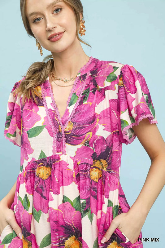 Tropical Floral V-Neck Flutter Sleeve Tiered Midi Dress b8f4bda2-a75c-43a0-ac32-7aff51871507-Max-Origin