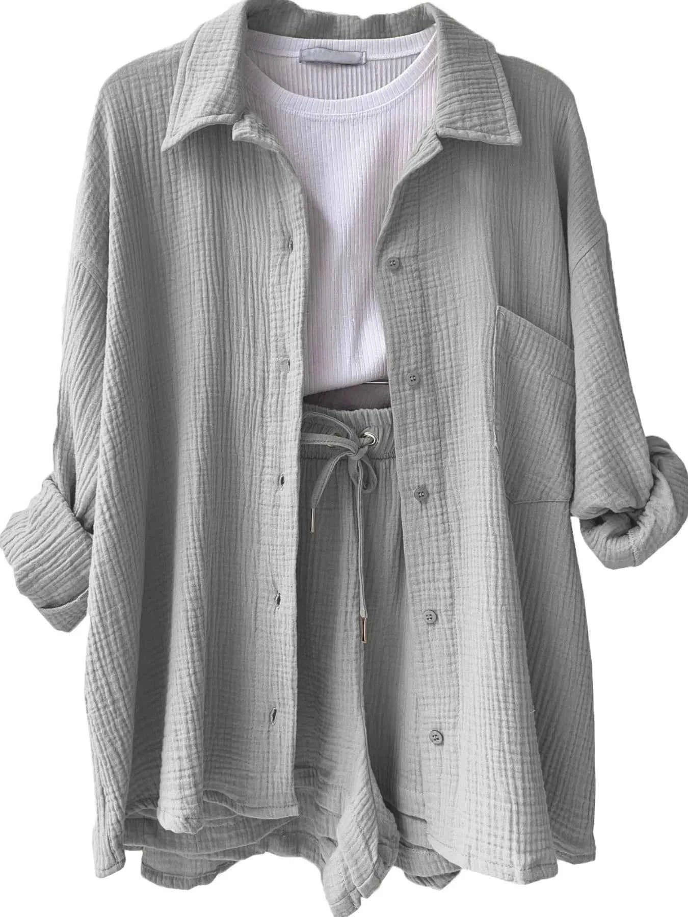 Textured Button Up Shirt and Shorts Set Light Gray b8fa975c-1ad7-4837-86fb-8eeafd3261a3-Max-Origin