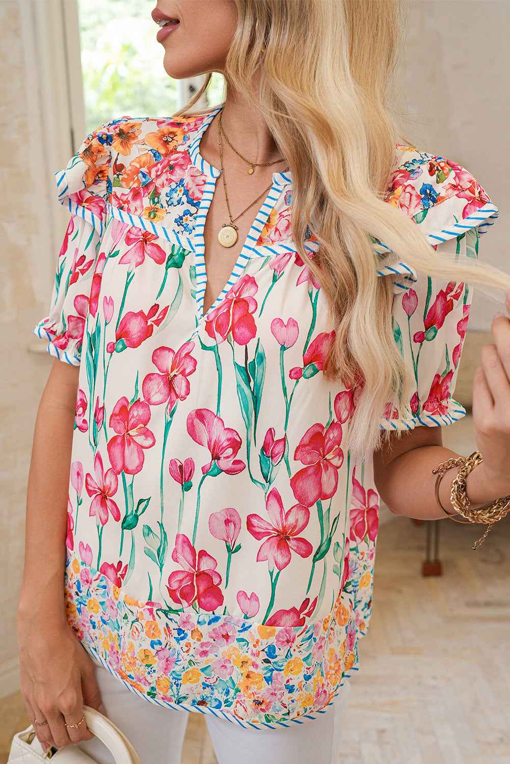 Pink Floral Print Striped Detail Split Neck Short Sleeve Blouse Pink b8fcccb765ea3e14