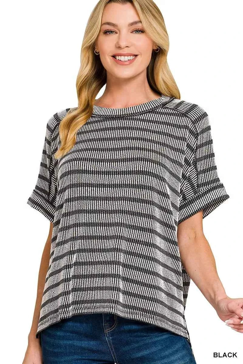 Zenana Raised Rib Striped Exposed Seam Top BLACK b904224182f9440e99a08fc7c4b09000-Max-Origin