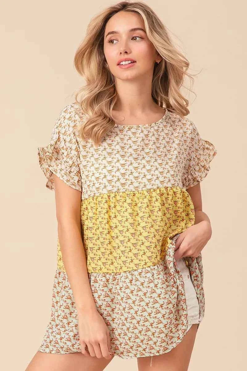 Flroal Printed Woven Color Block and Tiered Top b9043d87433c42d7be80d597239f2bd9-Max-Origin