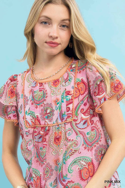 Mix Paisley Ruffle Sleeve Top b9076ae9-198b-4ec7-9928-01238d130b9a-Max