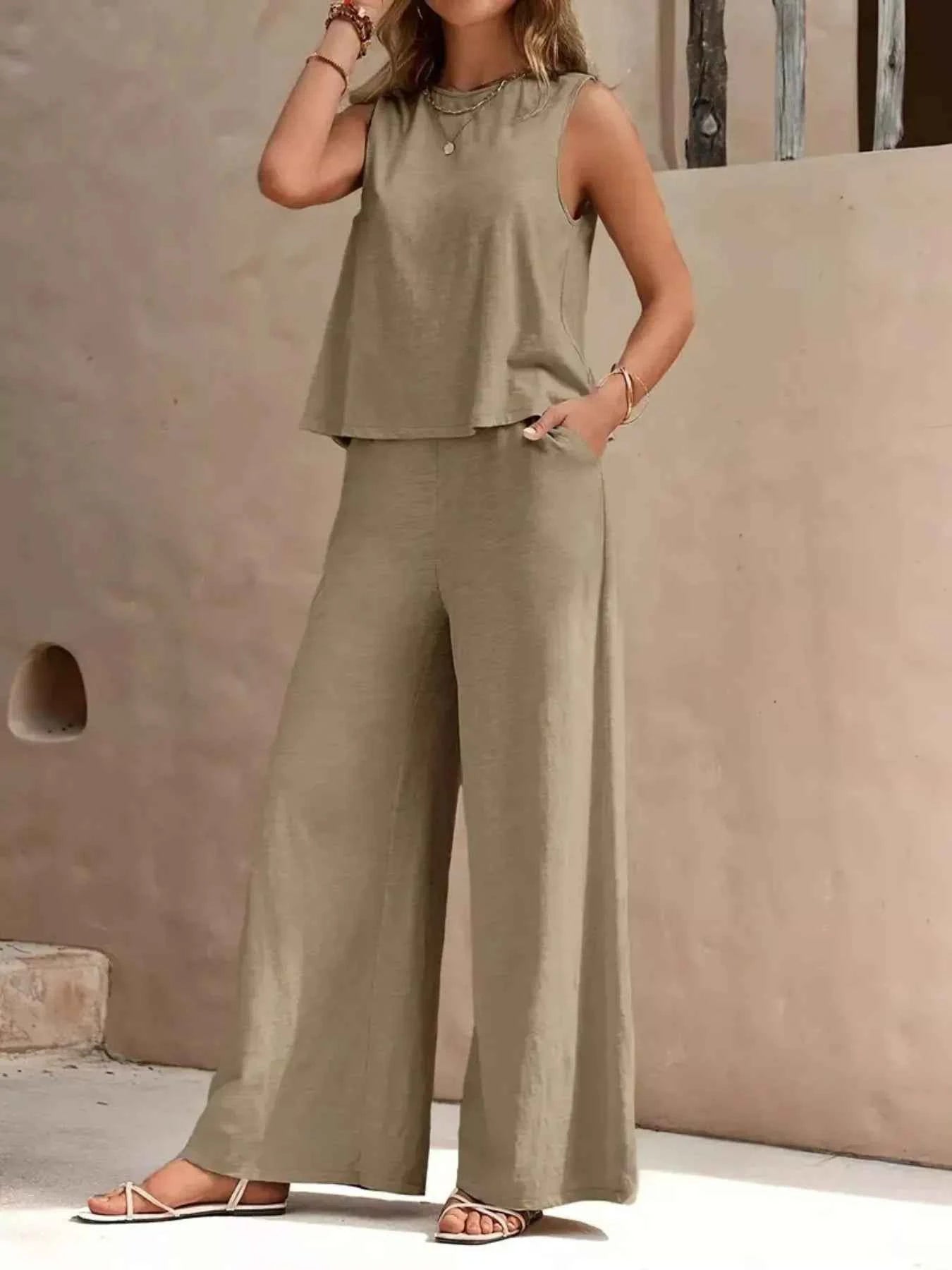 Sleeveless Top and Wide Leg Pants Set Yellow-Green b9080fbf-026a-4e08-8693-e157507475a9-Max-Origin